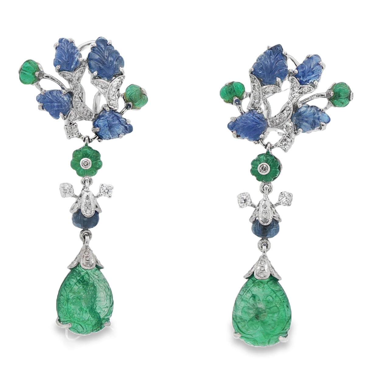 Emerald drop earrings with sapphire and diamond detailing