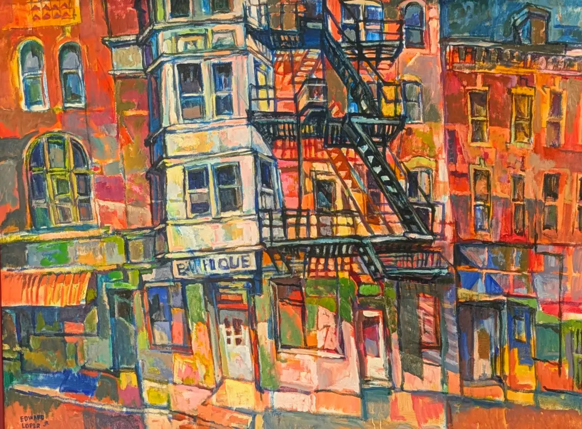Colorful city painting representing fine art consignment